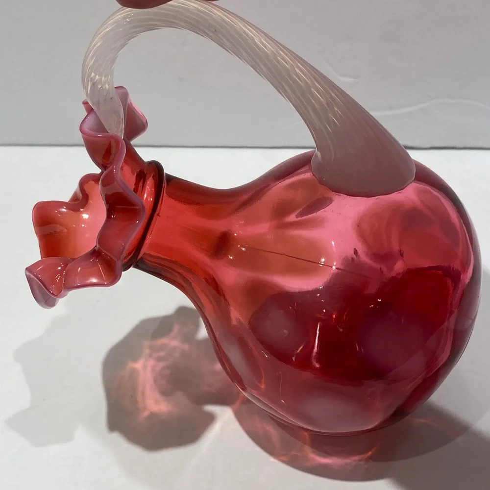Fenton Cranberry Opalescent Optic Thumbprint Pitcher/Cruet With Applied Handle - Picture 9 of 9